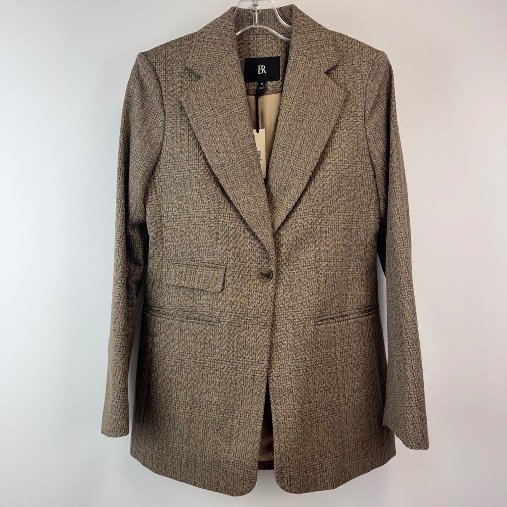 Banana Republic Fabbrica Alta Wool Plaid Blazer Brown Herringbone Jacket 0 NEW